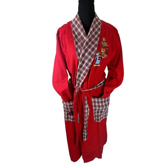 Vintage Warner Bros 1995 Sylvester & Tweety Red Plaid Robe M/L Embroidered Midni - Picture 1 of 9